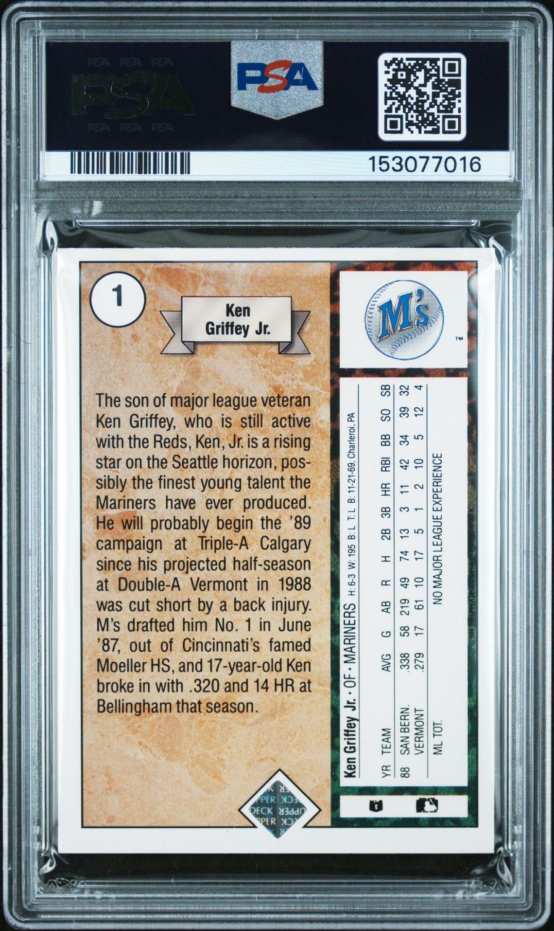 1989 Upper Deck Ken Griffey Jr. #1 (Star Rookie) Ex 5 back