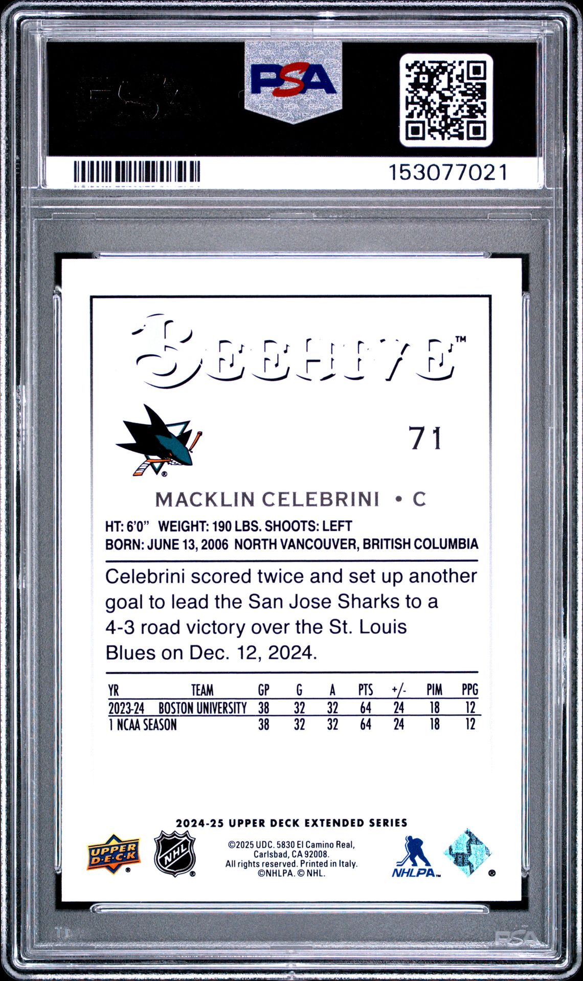 2024 Upper Deck Extended Series Beehive Macklin Celebrini #Bh24 Mint 9 back