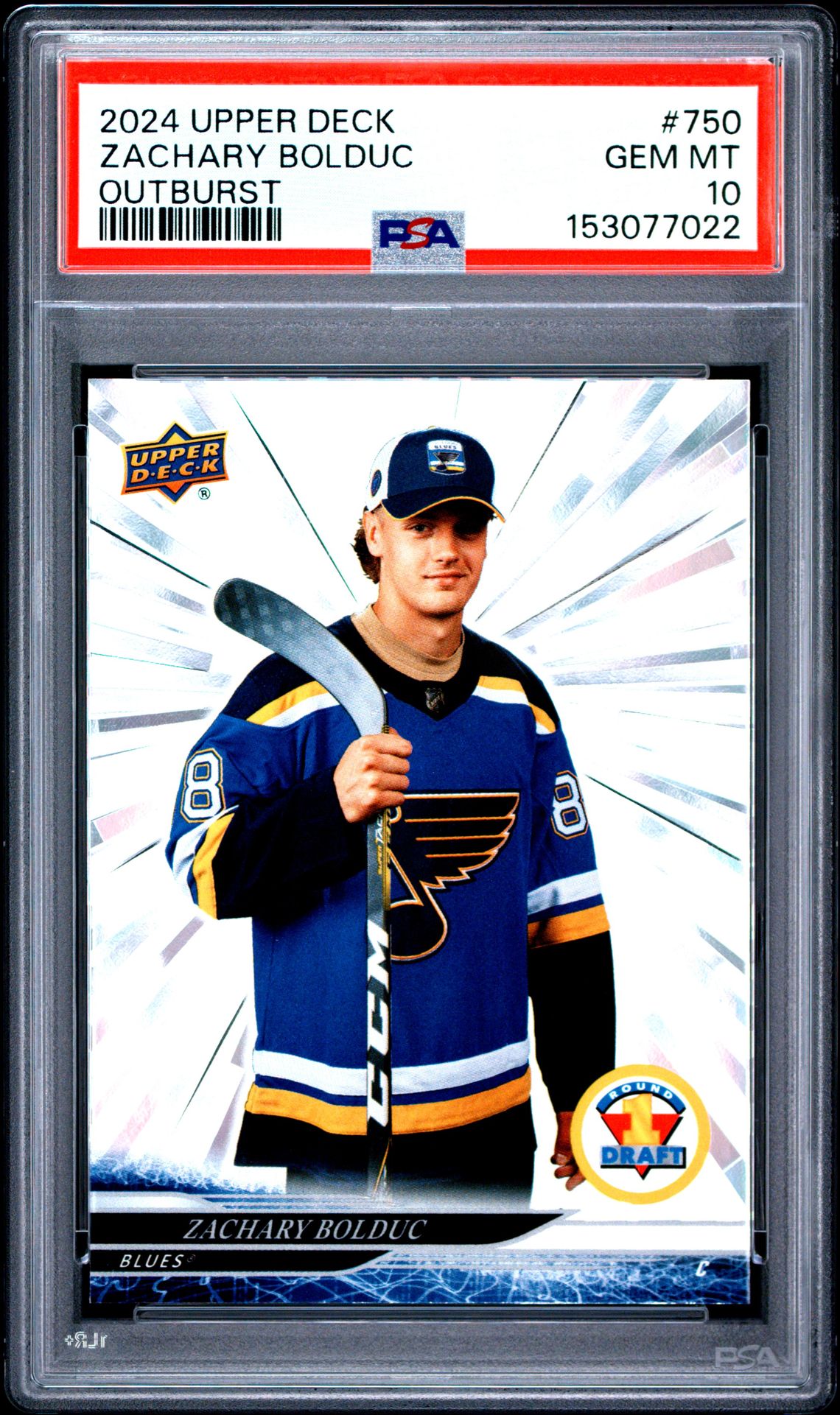 2024 Upper Deck Zachary Bolduc #750 (Outburst) Gem Mt 10 front view - PSA graded GEM MT 10