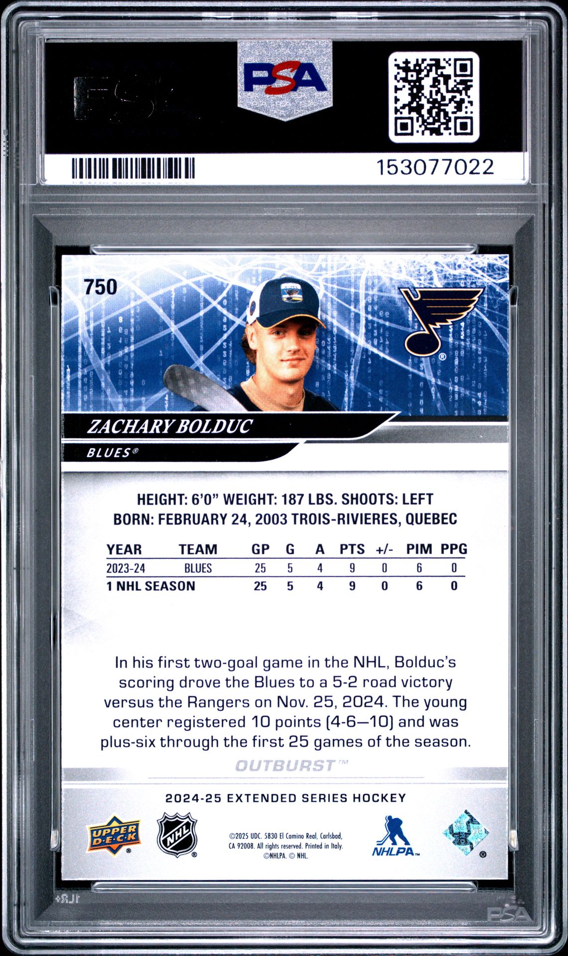 2024 Upper Deck Zachary Bolduc #750 (Outburst) Gem Mt 10 back view - PSA certificate #153077022