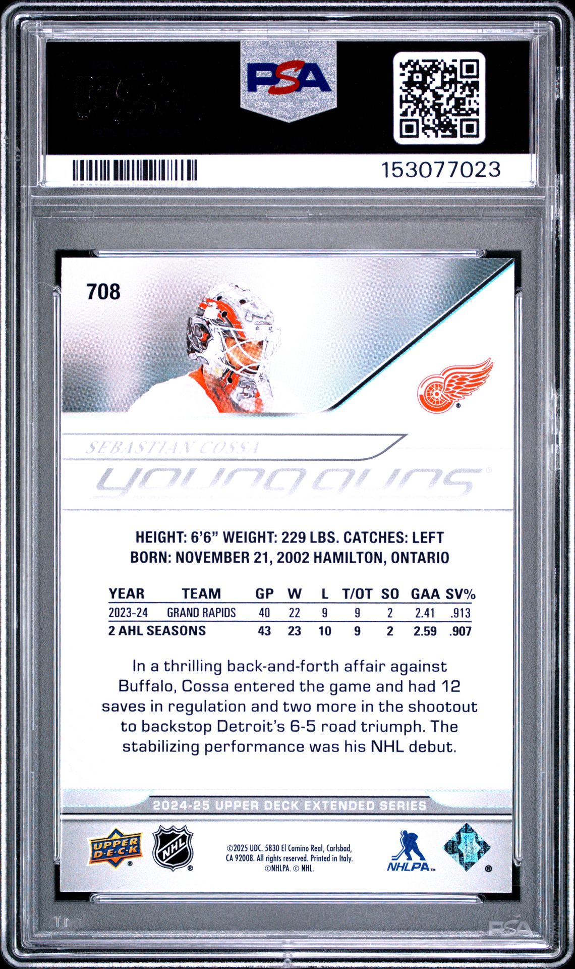 2024 Upper Deck Sebastian Cossa #708 Mint 9 back