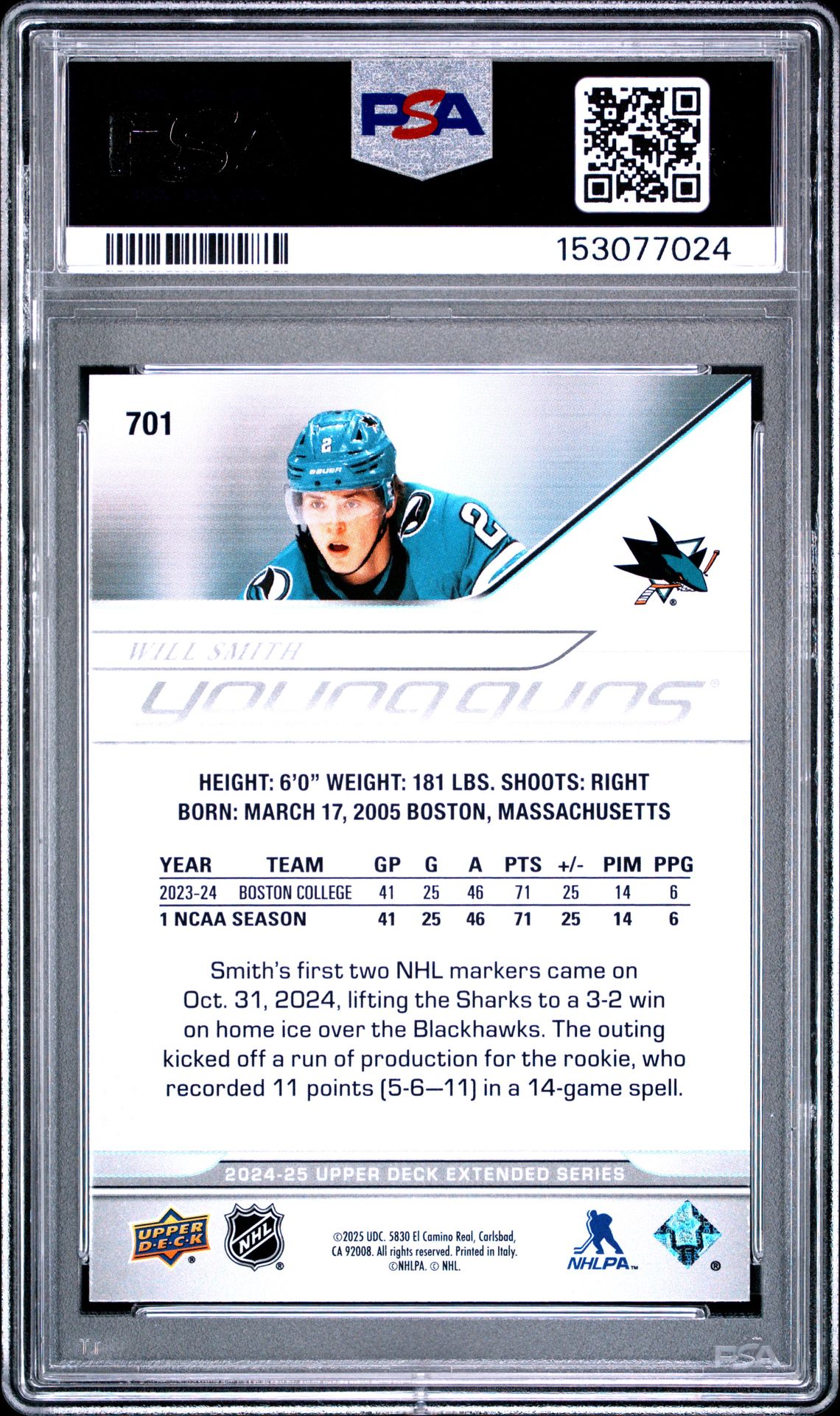 2024 Upper Deck Will Smith #701 Gem Mt 10 back view - PSA certificate #153077024