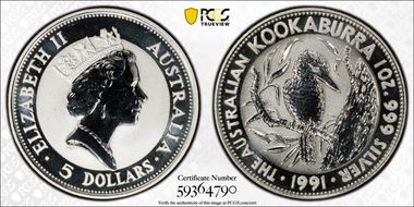1991 $5 Kookaburra KM-138  Ag MS69