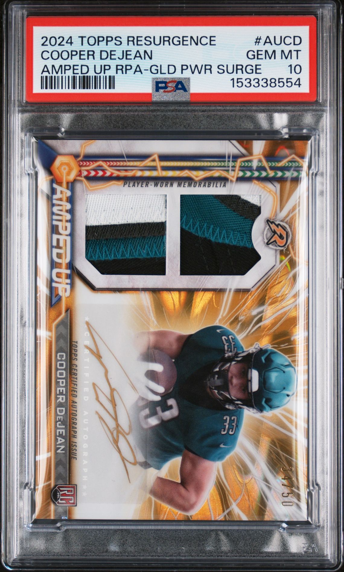 2024 Topps TOPPS RESURGENCE AMPED UP ROOKIE PATCH AUTOGRAPHS AMPED UP RPA-GLD PWR SURGE #AUCD Cooper Dejean front