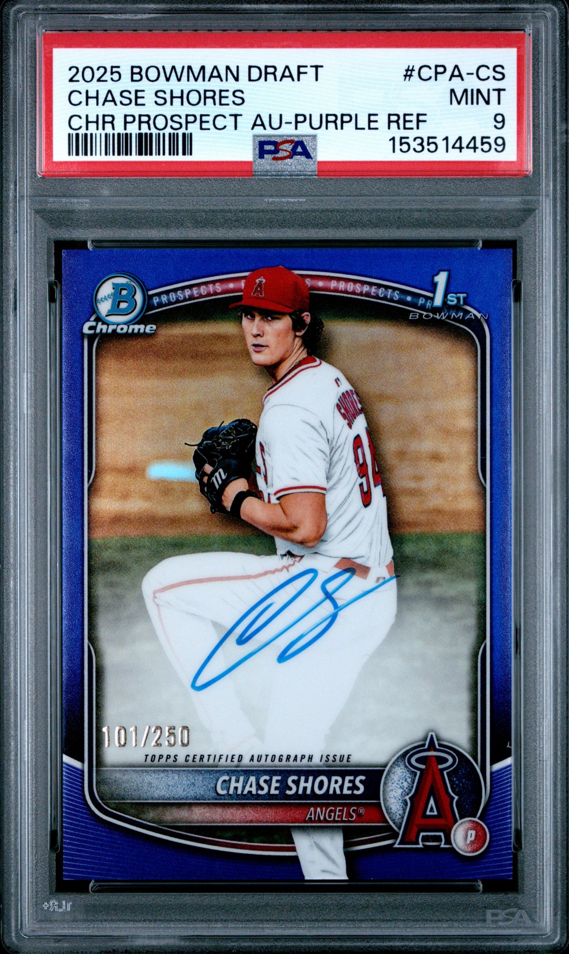 2025 Bowman BOWMAN DRAFT CHROME PROSPECT AUTOGRAPHS CHR PROSPECT AU-PURPLE REF #CPA-CS Chase Shores front