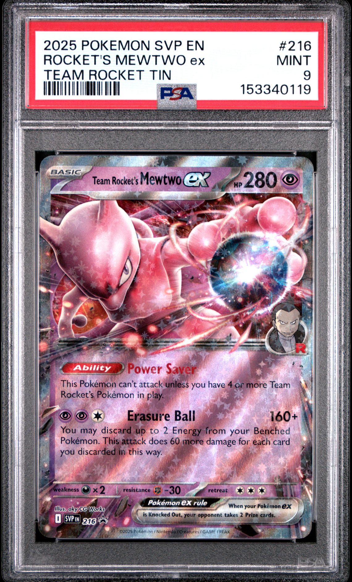 2025 Pokemon Svp En-Sv Black Star Promo Rocket's Mewtwo Ex #216 (Team Rocket Tin) Mint 9 front view - PSA graded MINT 9