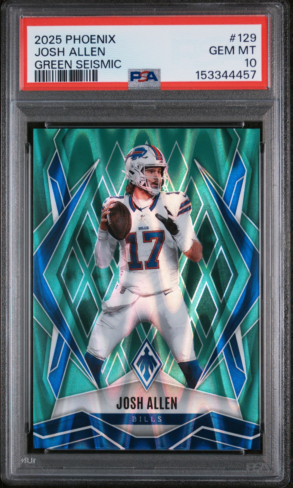 2025 Panini Phoenix Josh Allen #129 (Green Seismic) Gem Mt 10 front view - PSA graded GEM MT 10