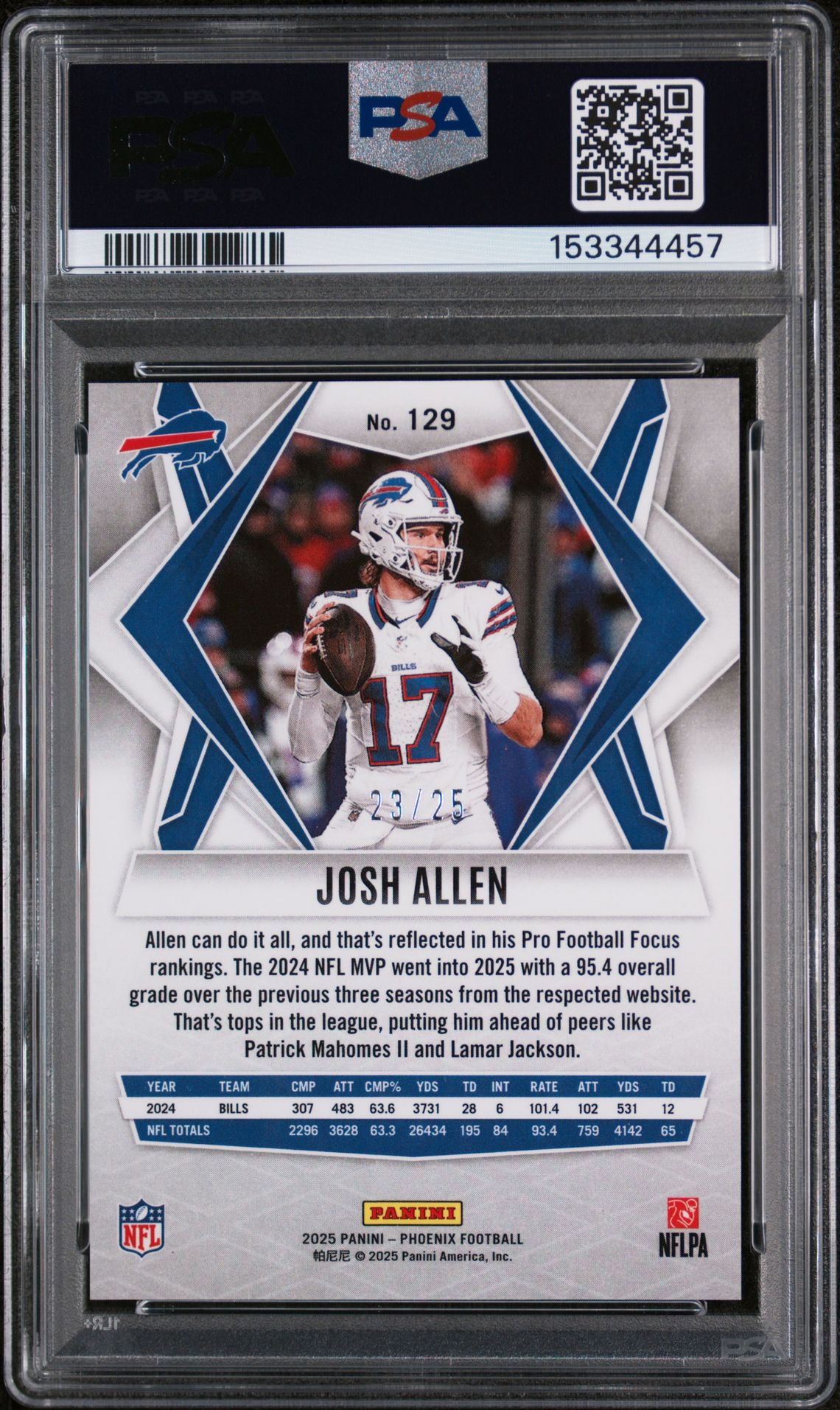 2025 Panini Phoenix Josh Allen #129 (Green Seismic) Gem Mt 10 back view - PSA certificate #153344457
