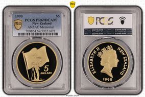 1990 $5 ANZAC Memorial KM-71 Soldier & Flag PR69DCAM