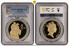 1990 $5 ANZAC Memorial KM-134 Soldiers & Donkey PR69DCAM