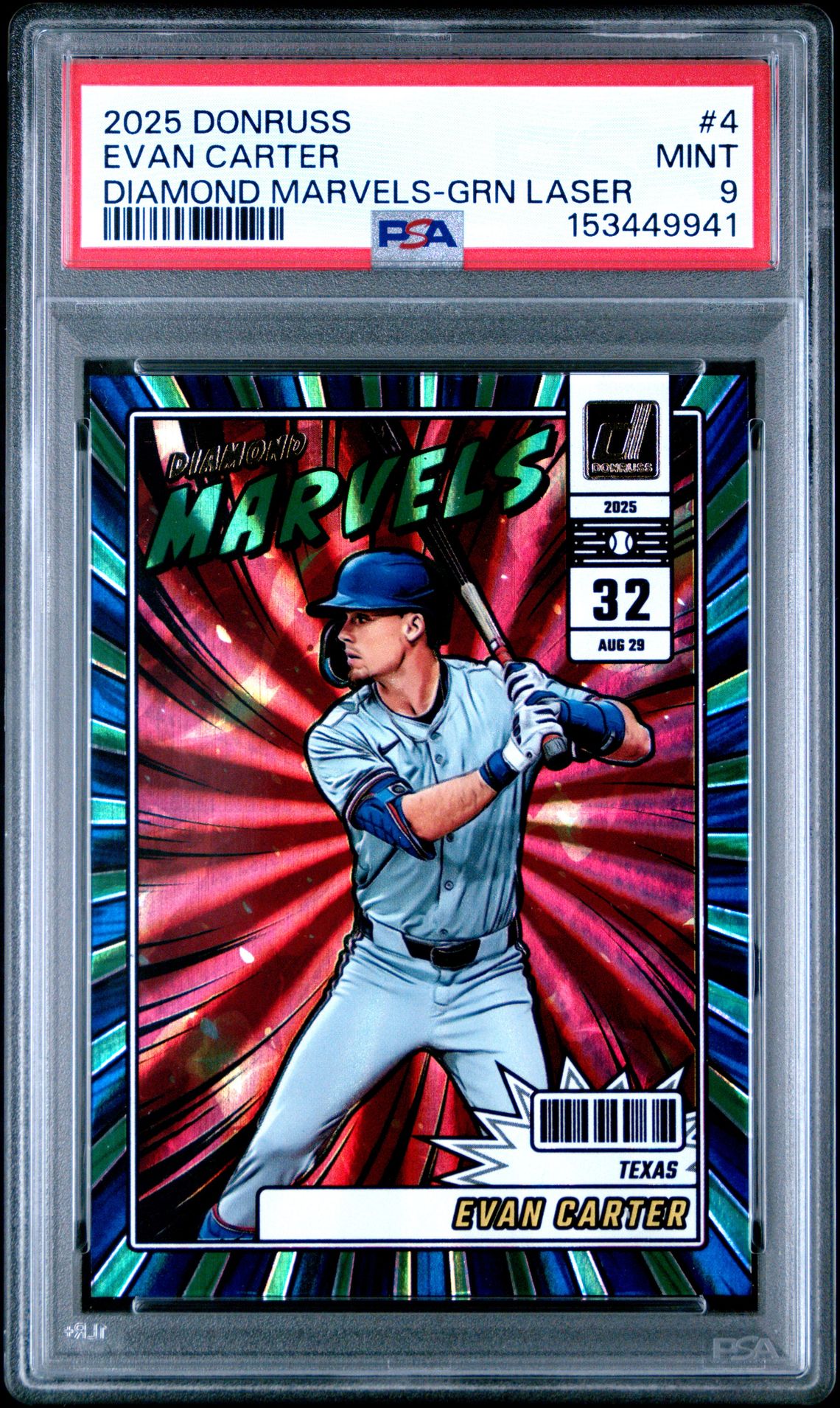 2025 Panini PANINI DONRUSS DIAMOND MARVELS GRN LASER #4 Evan Carter front