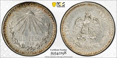1918/'7'-M Peso KM-454 AU58
