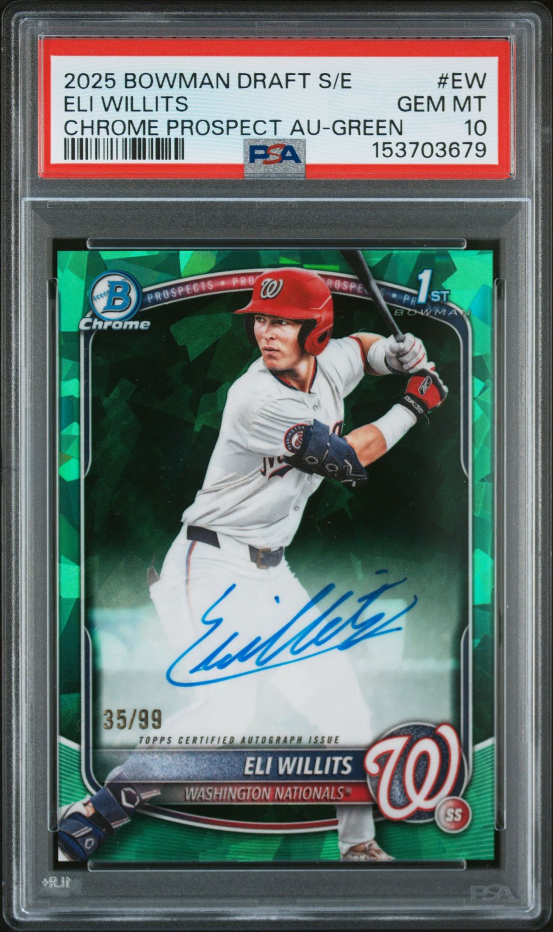 2025 Bowman BOWMAN DRAFT SAPPHIRE EDITION CHROME PROSPECT AUTOGRAPHS Green Refractor #EW Eli Willits front