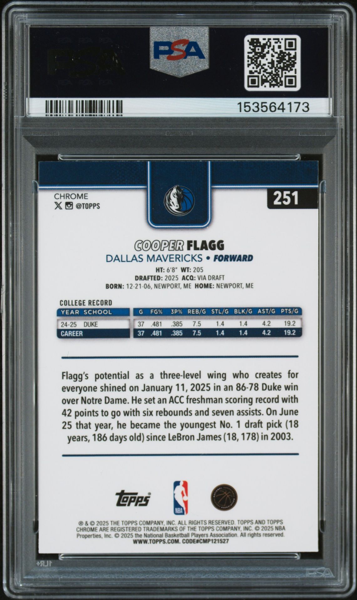 2025 Topps Chrome Cooper Flagg #251 (Refractor) Mint 9 back