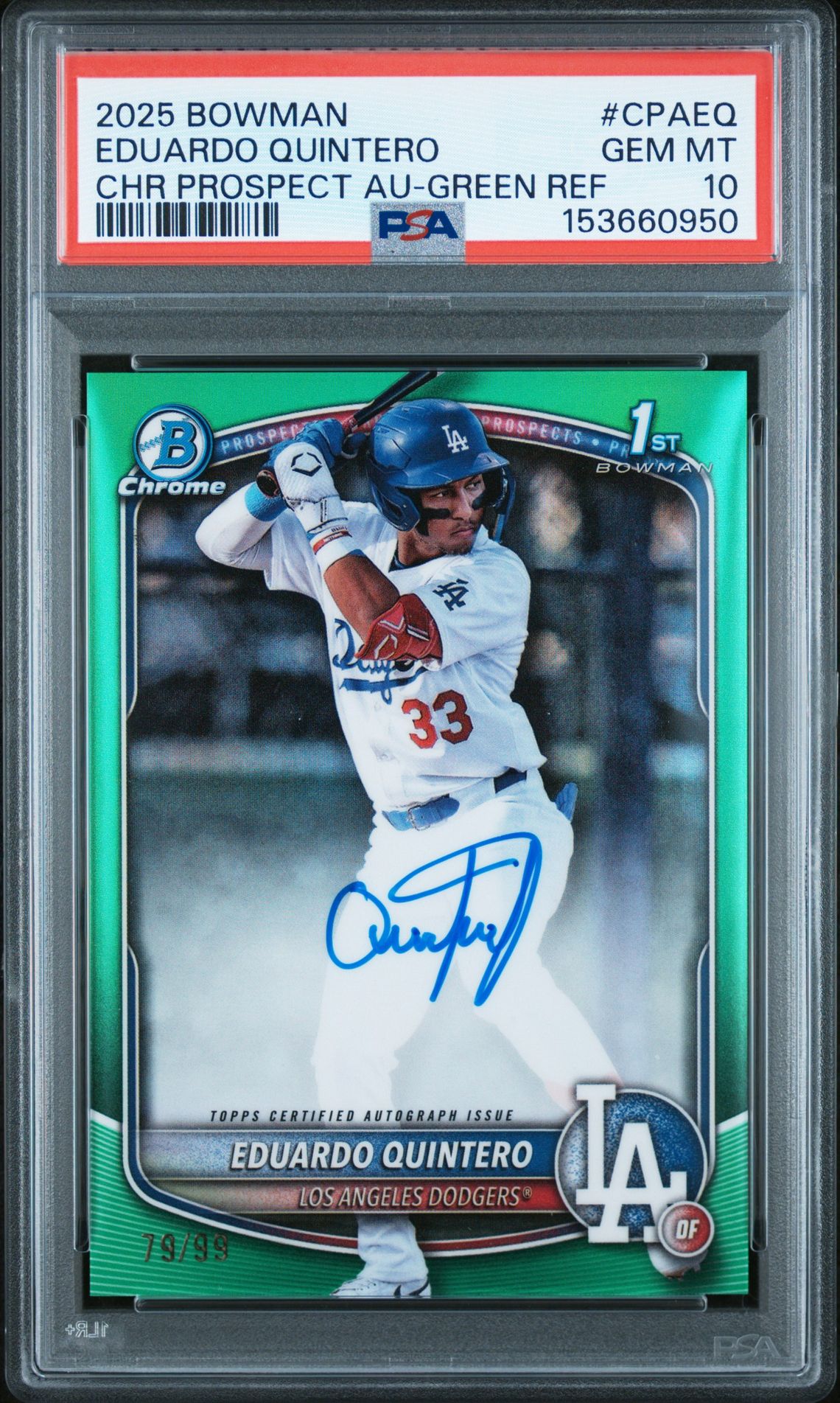 2025 Bowman BOWMAN CHROME PROSPECT AUTOGRAPHS Green Refractor #CPAEQ Eduardo Quintero front