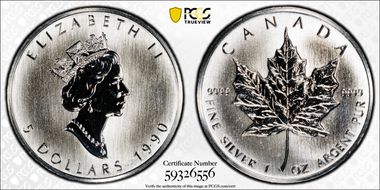 1990 $5 Maple Leaf 1oz Ag MS68