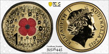 2015 $1 WWI War Heroes-Red Poppy Colorized MS67
