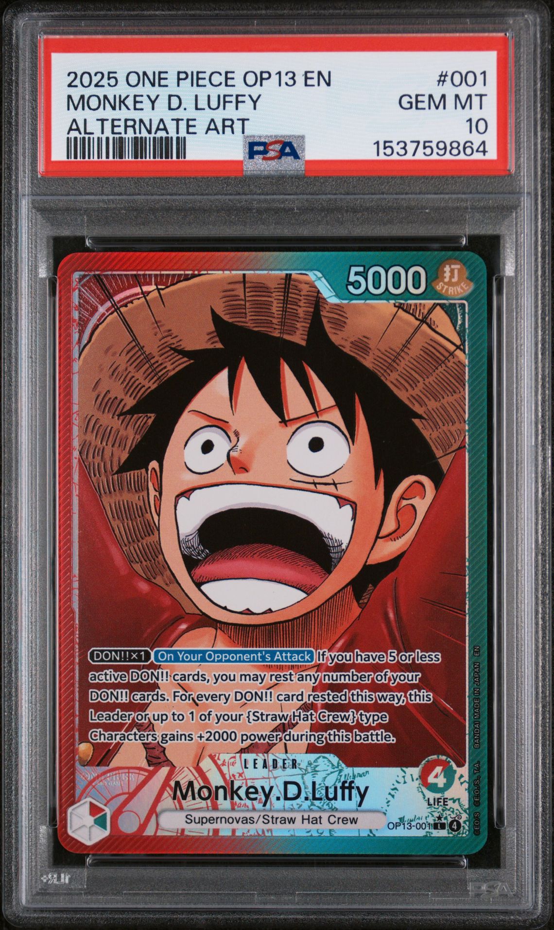 2025 One Piece Op13-Carrying On His Will Monkey D. Luffy #001 (Alternate Art) Gem Mt 10 front