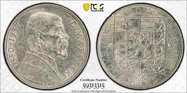1937 20 Kor Death of Masaryk KM-18  Ag AU55