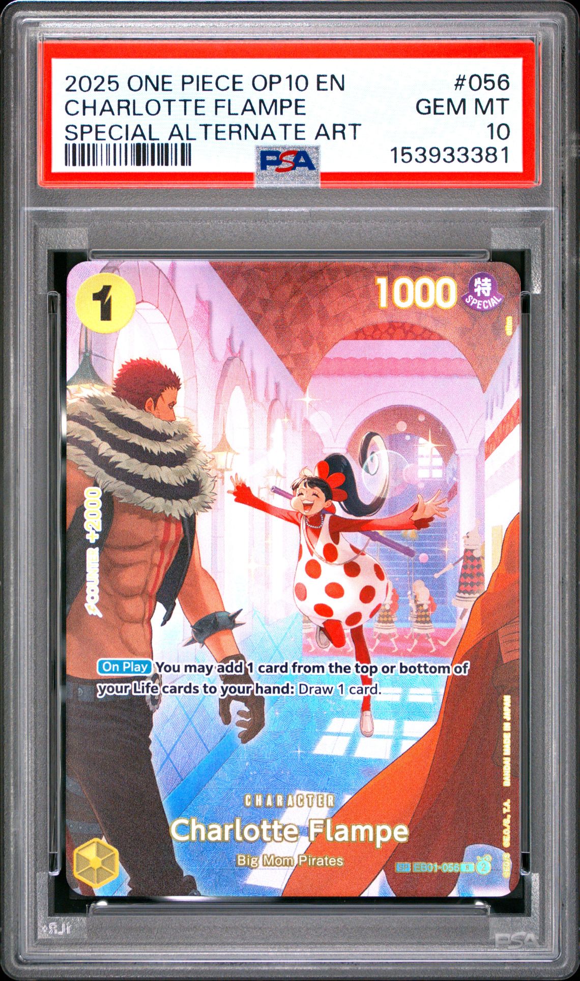 2025 One Piece Op10-Royal Blood Charlotte Flampe #056 (Special Alternate Art) Gem Mt 10 front view - PSA graded GEM MT 10