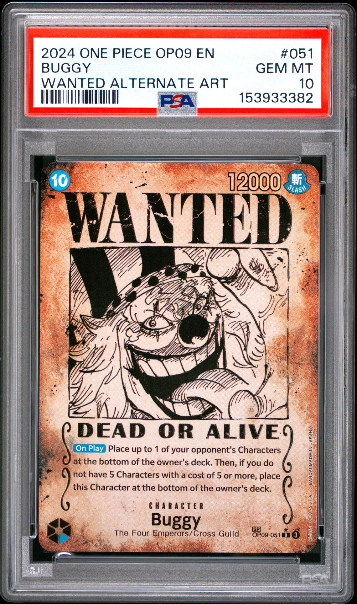 2024 One Piece Op09-Emperors In The New World Buggy #051 (Wanted Alternate Art) Gem Mt 10 front view - PSA graded GEM MT 10