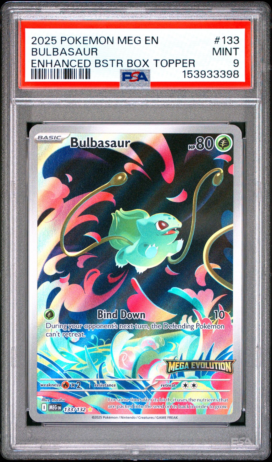 2025 Pokemon Meg En-Mega Evolution Bulbasaur #133 (Enhanced Bstr Box Topper) Mint 9 front