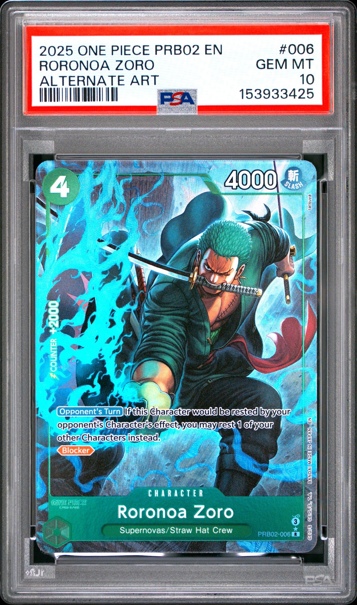2025 One Piece Prb02-Premium Booster -One Piece Card The Best- Vol.2 Roronoa Zoro #006 (Alternate Art) Gem Mt 10 front view - PSA graded GEM MT 10