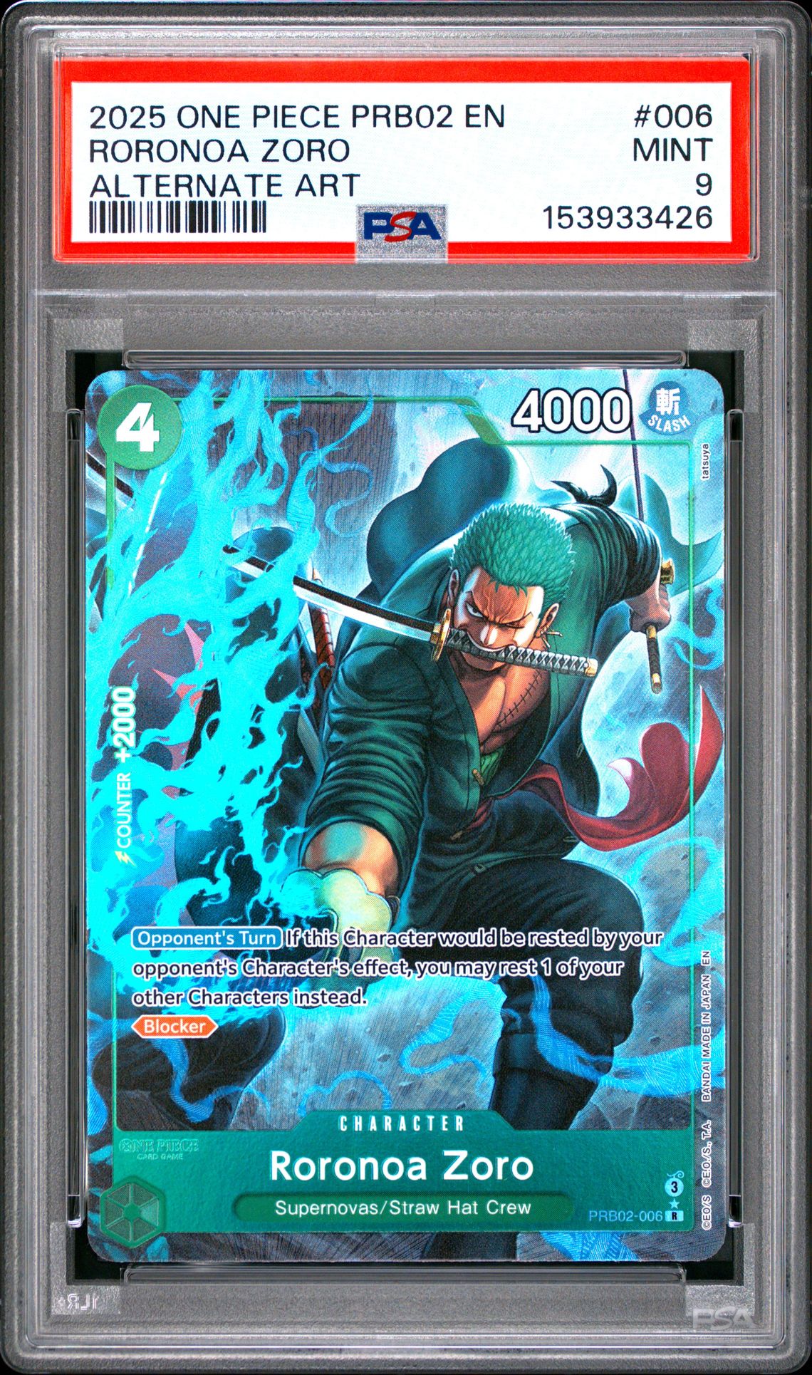 2025 One Piece Prb02-Premium Booster -One Piece Card The Best- Vol.2 Roronoa Zoro #006 (Alternate Art) Mint 9 front