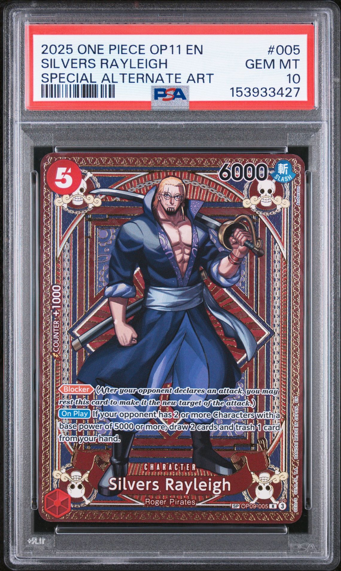 2025 One Piece Op11-A Fist Of Divine Speed Silvers Rayleigh #005 (Special Alternate Art) Gem Mt 10 front view - PSA graded GEM MT 10
