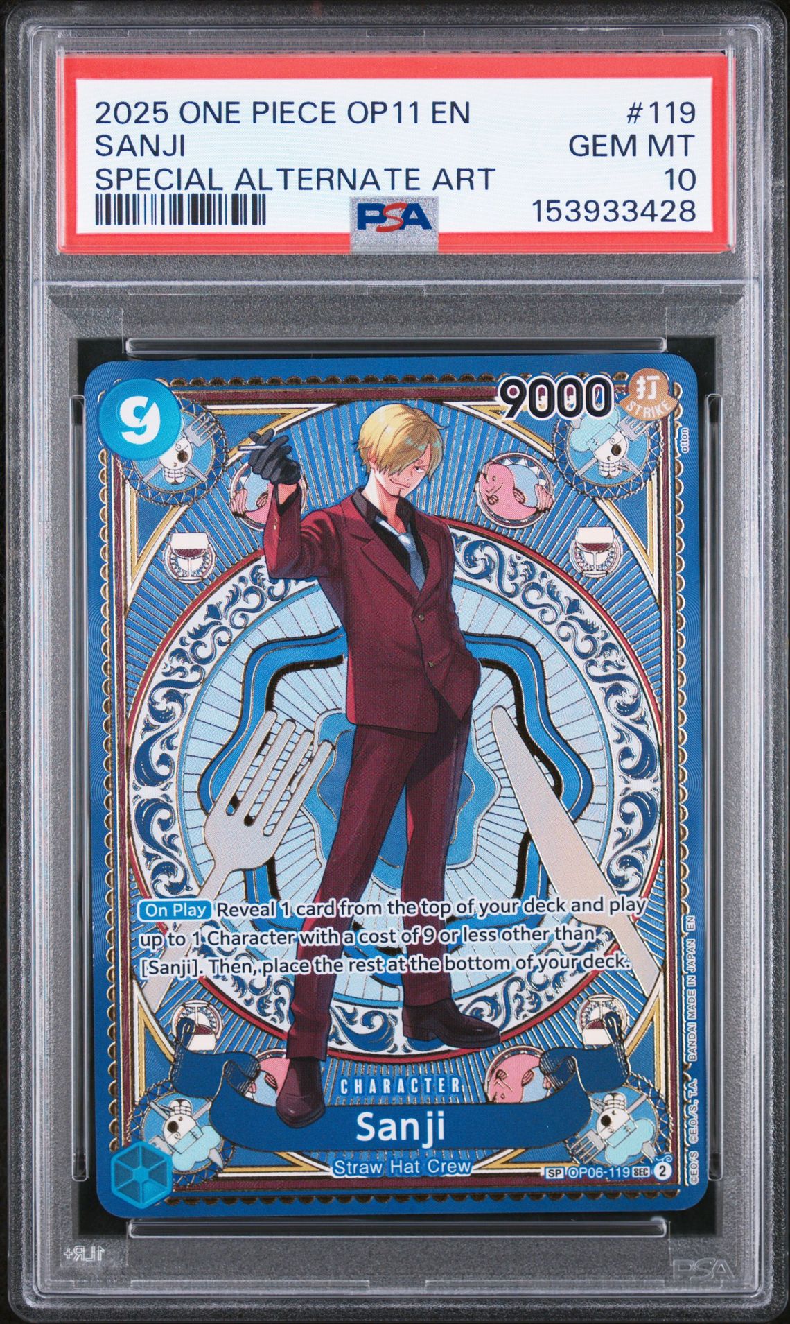 2025 ONE PIECE OP11-A FIST OF DIVINE SPEED SANJI SPECIAL ALTERNATE ART 119 GEM MT 10 front
