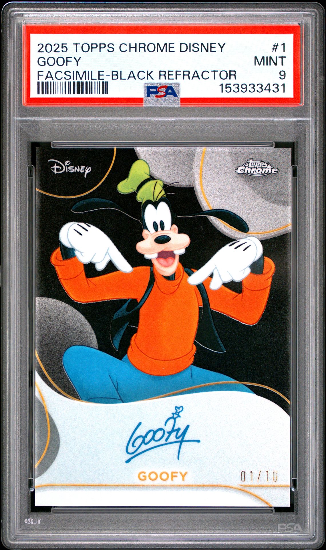 2025 Topps Chrome Disney Disney Chrome 2025 Facsimile Autographs Goofy #1 (Facsimile-Black Refractor) Mint 9 front