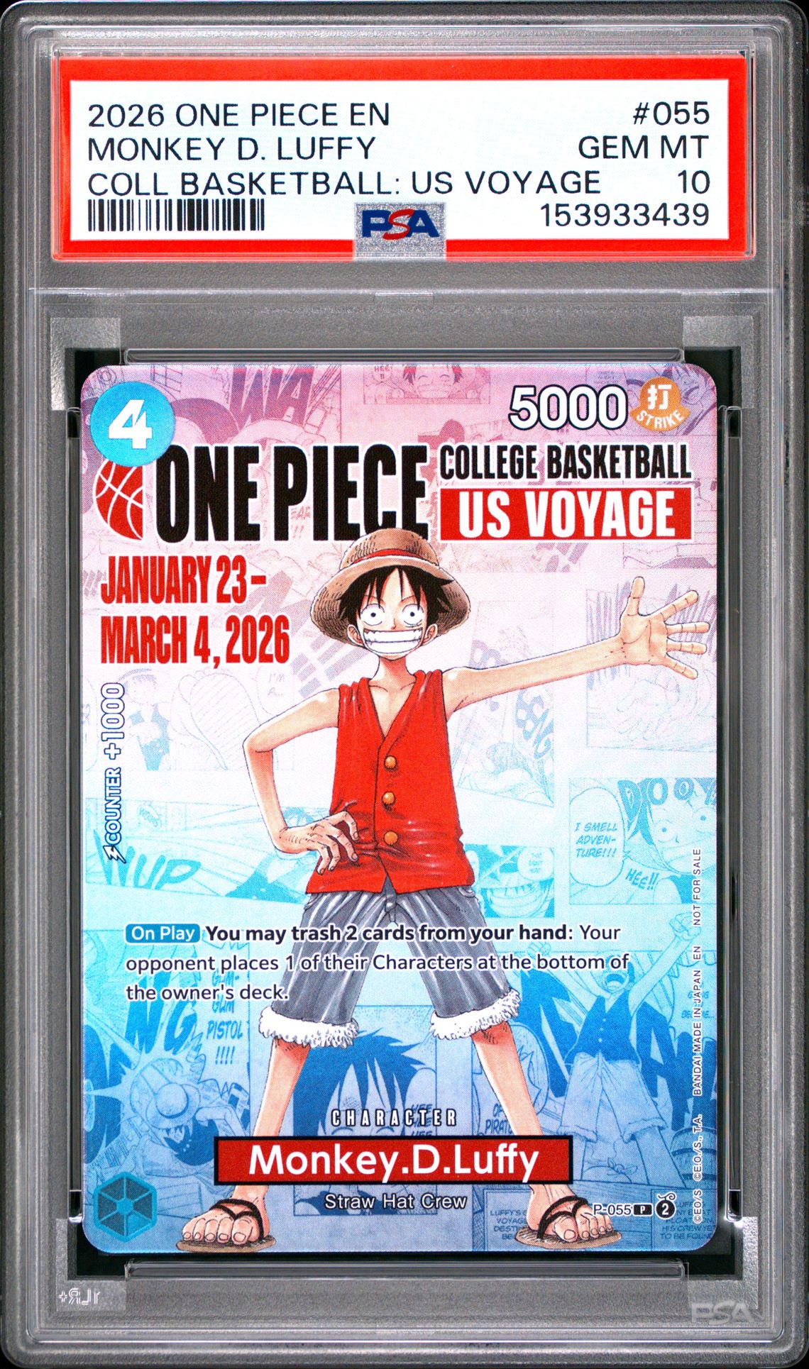 2026 One Piece Promos Monkey D. Luffy #055 (Coll Basketball: Us Voyage) Gem Mt 10 front