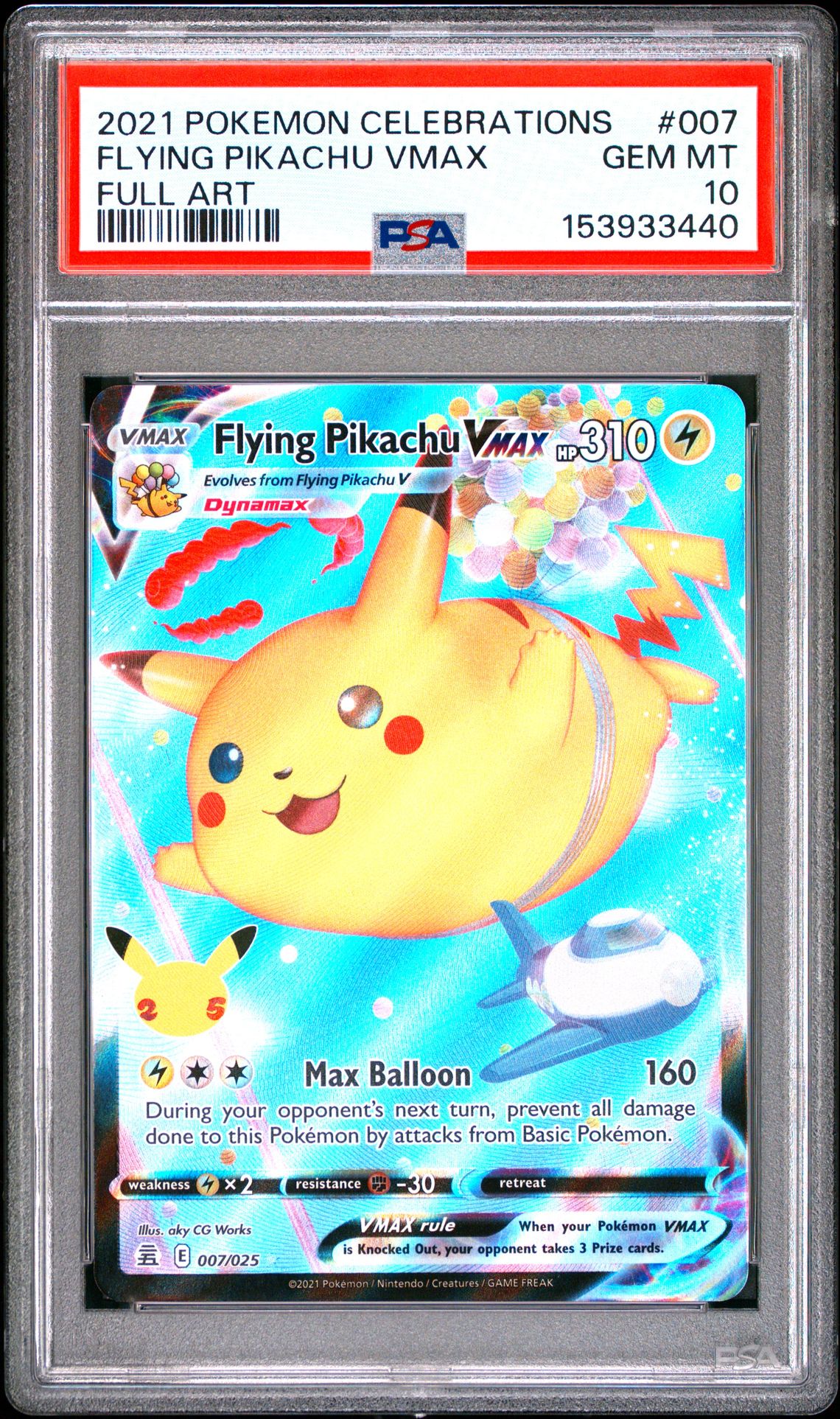 2021 Pokemon Celebrations Flying Pikachu Vmax #007 (Full Art) Gem Mt 10 front view - PSA graded GEM MT 10