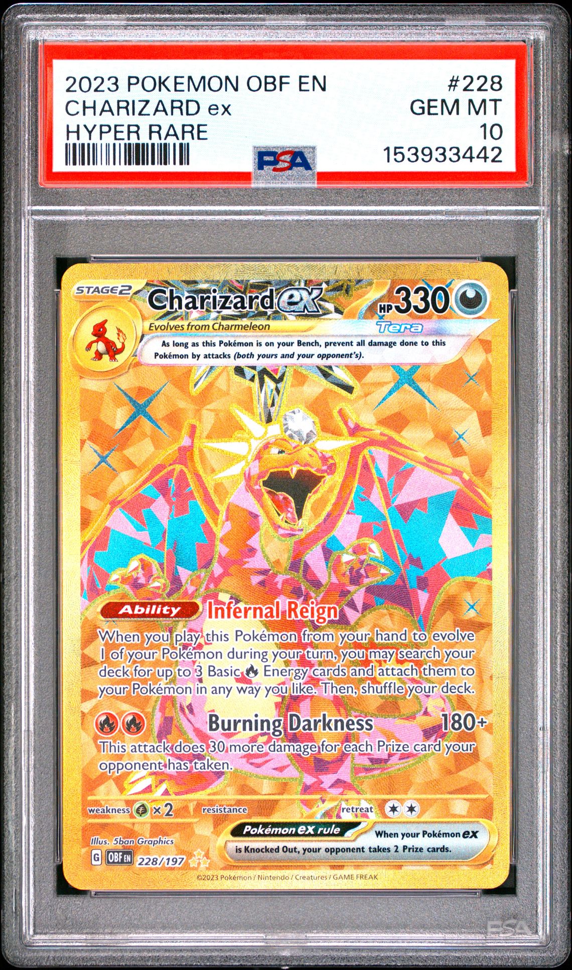 2023 Pokemon Obf En-Obsidian Flames Charizard Ex #228 (Hyper Rare) Gem Mt 10 front view - PSA graded GEM MT 10