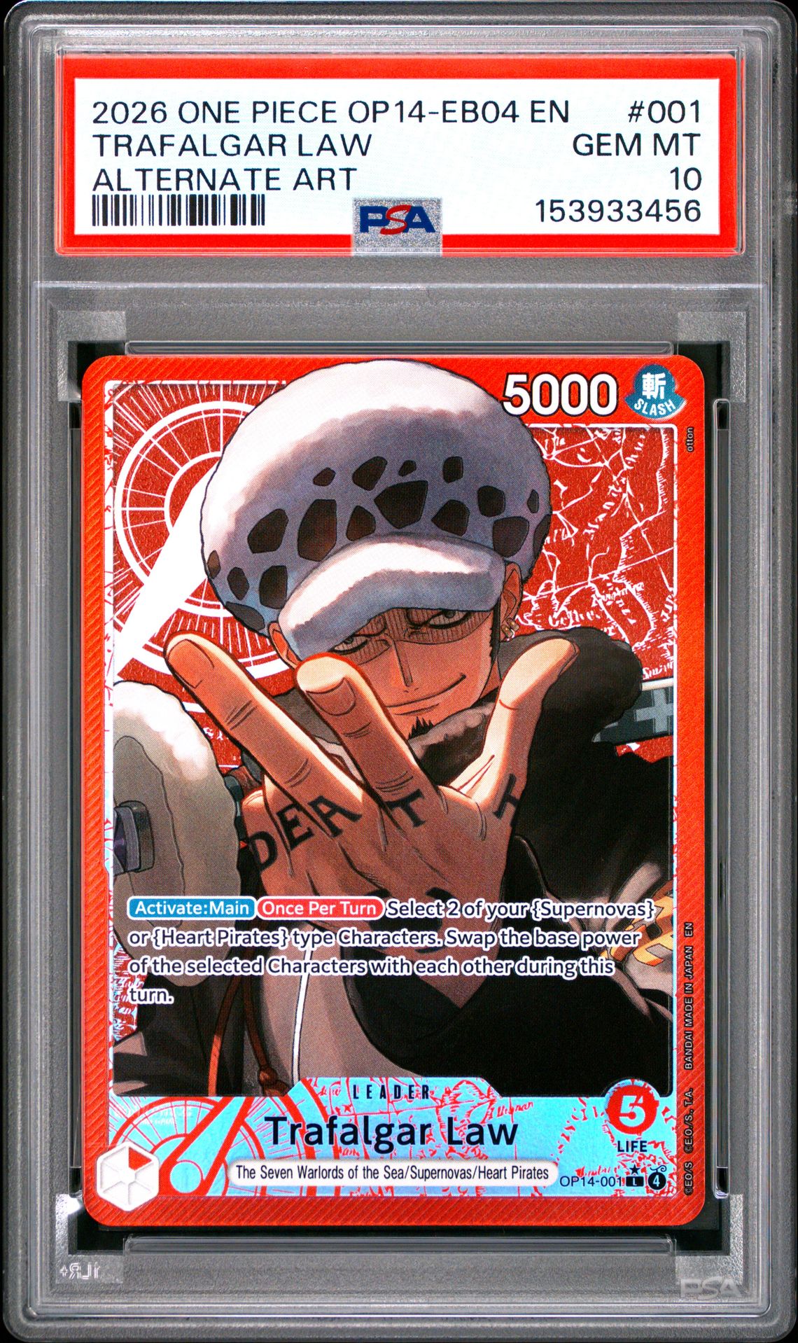 2026 One Piece Op14-Eb04-The Azure Sea's Seven Trafalgar Law #001 (Alternate Art) Gem Mt 10 front view - PSA graded GEM MT 10
