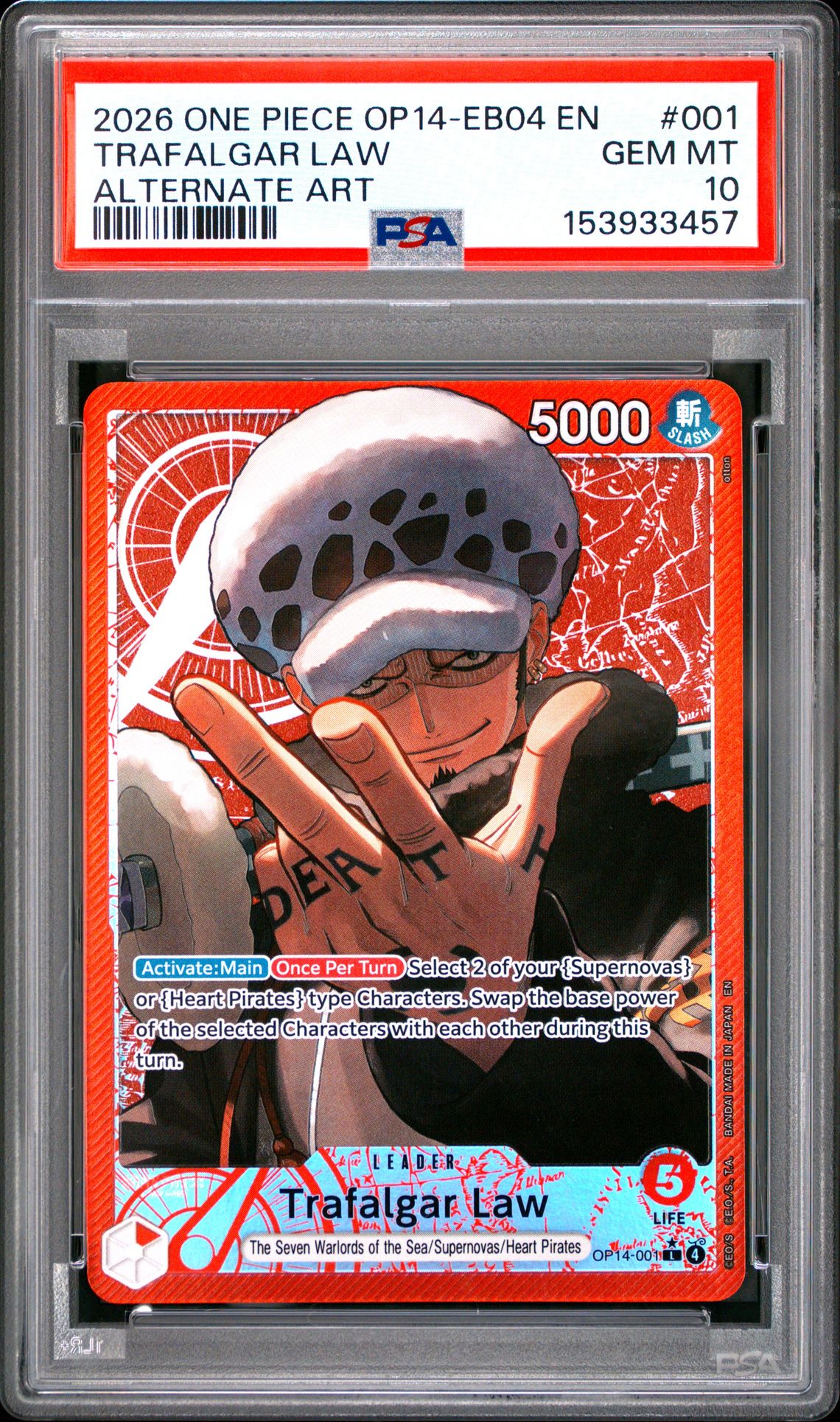 2026 One Piece Op14-Eb04-The Azure Sea's Seven Trafalgar Law #001 (Alternate Art) Gem Mt 10 front view - PSA graded GEM MT 10