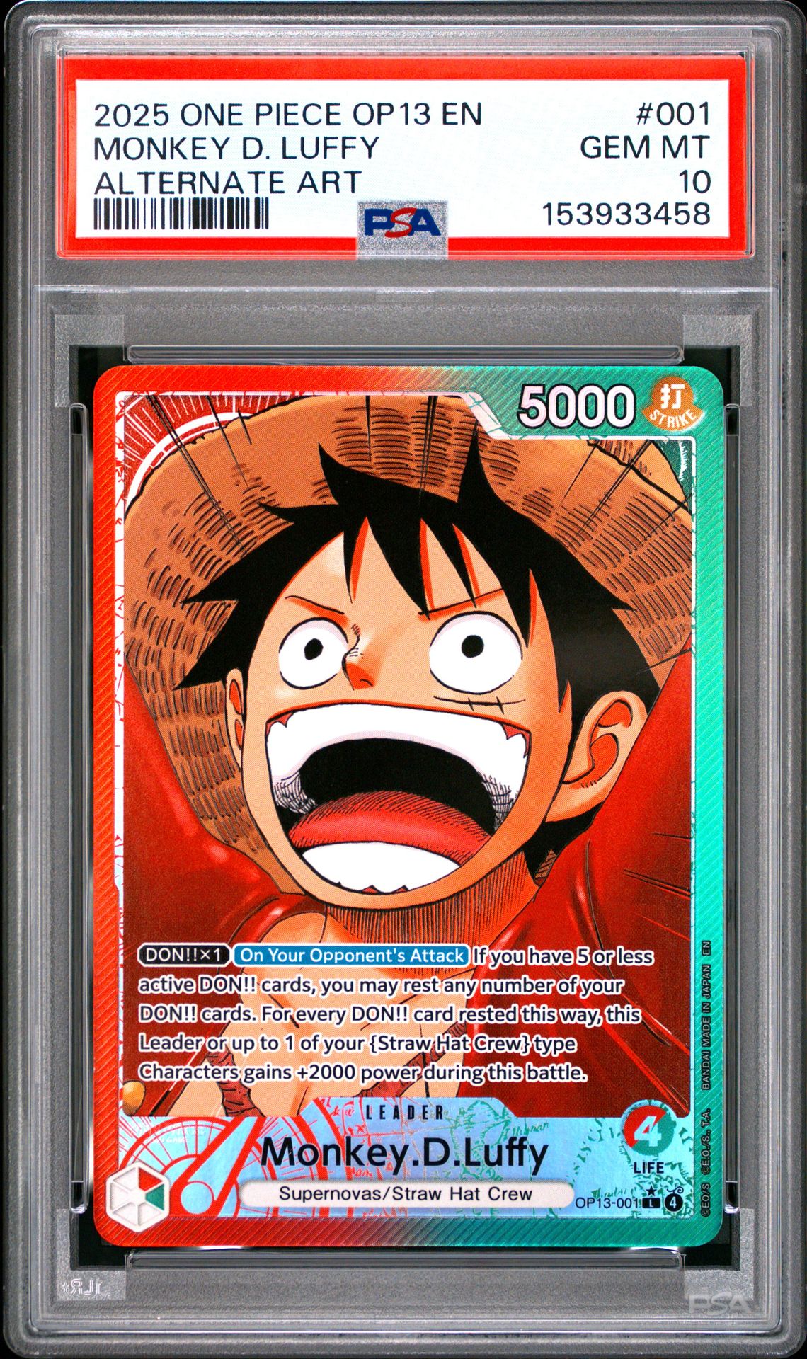 2025 ONE PIECE OP13-CARRYING ON HIS WILL MONKEY D. LUFFY ALTERNATE ART 001 GEM MT 10 front