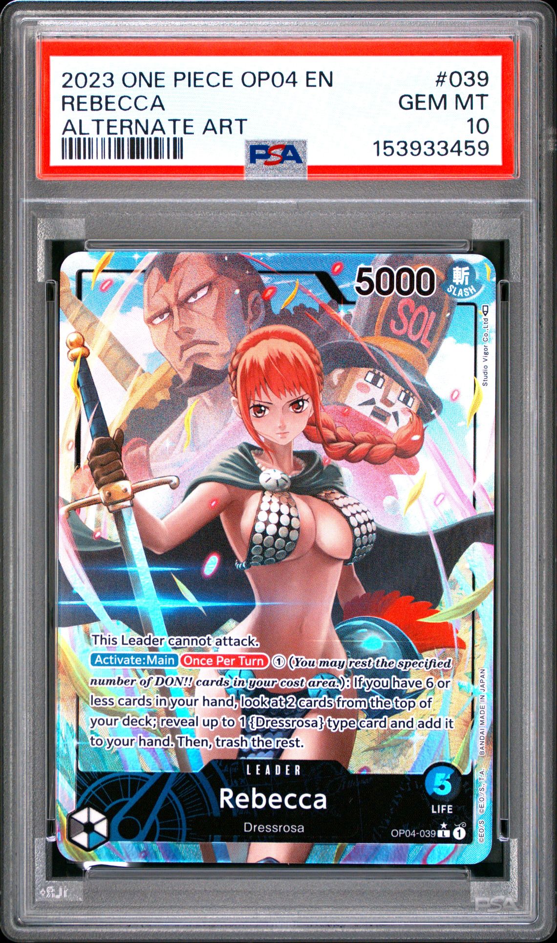 2023 One Piece Op04-Kingdoms Of Intrigue Rebecca #039 (Alternate Art) Gem Mt 10 front view - PSA graded GEM MT 10
