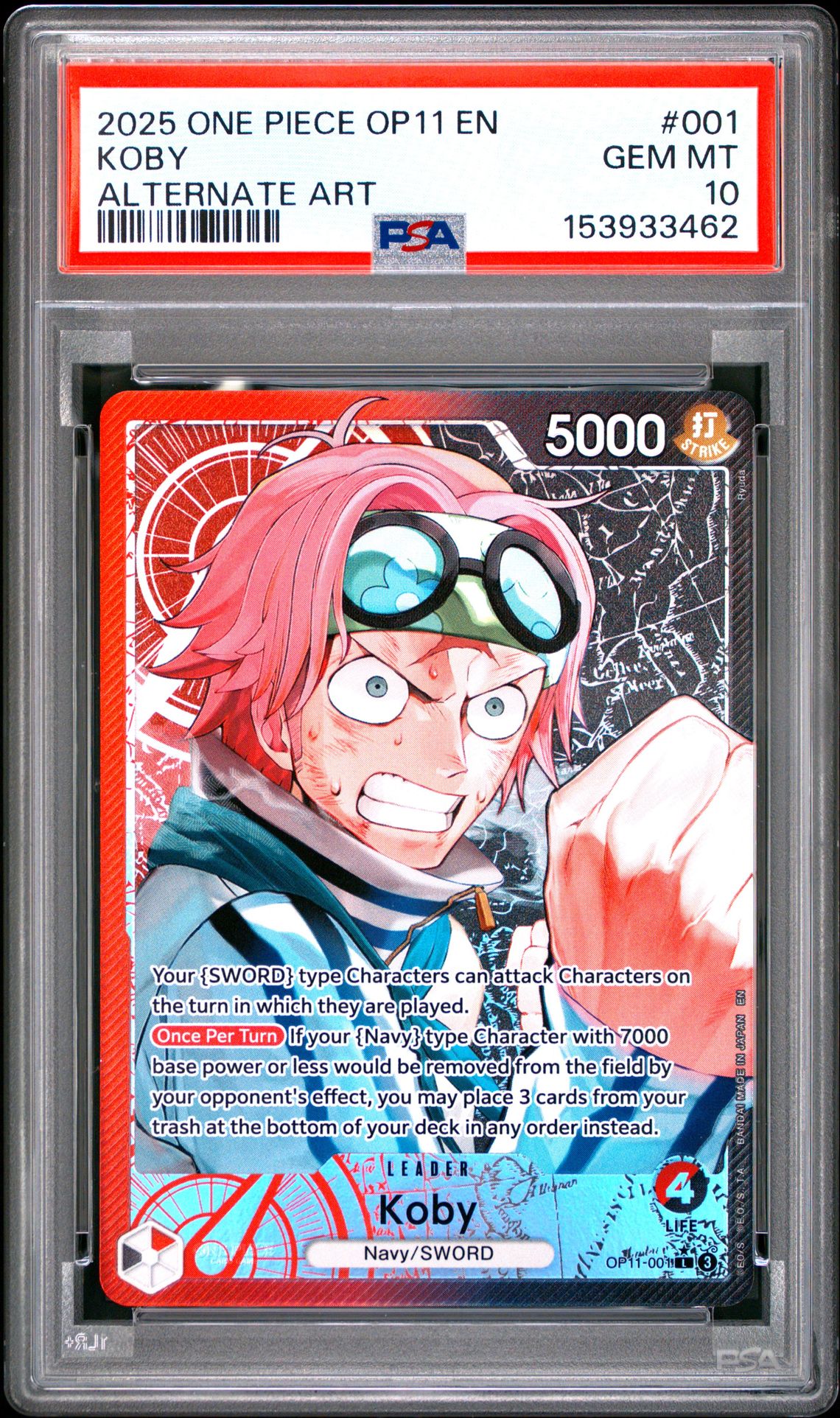 2025 One Piece Op11-A Fist Of Divine Speed Koby #001 (Alternate Art) Gem Mt 10 front view - PSA graded GEM MT 10