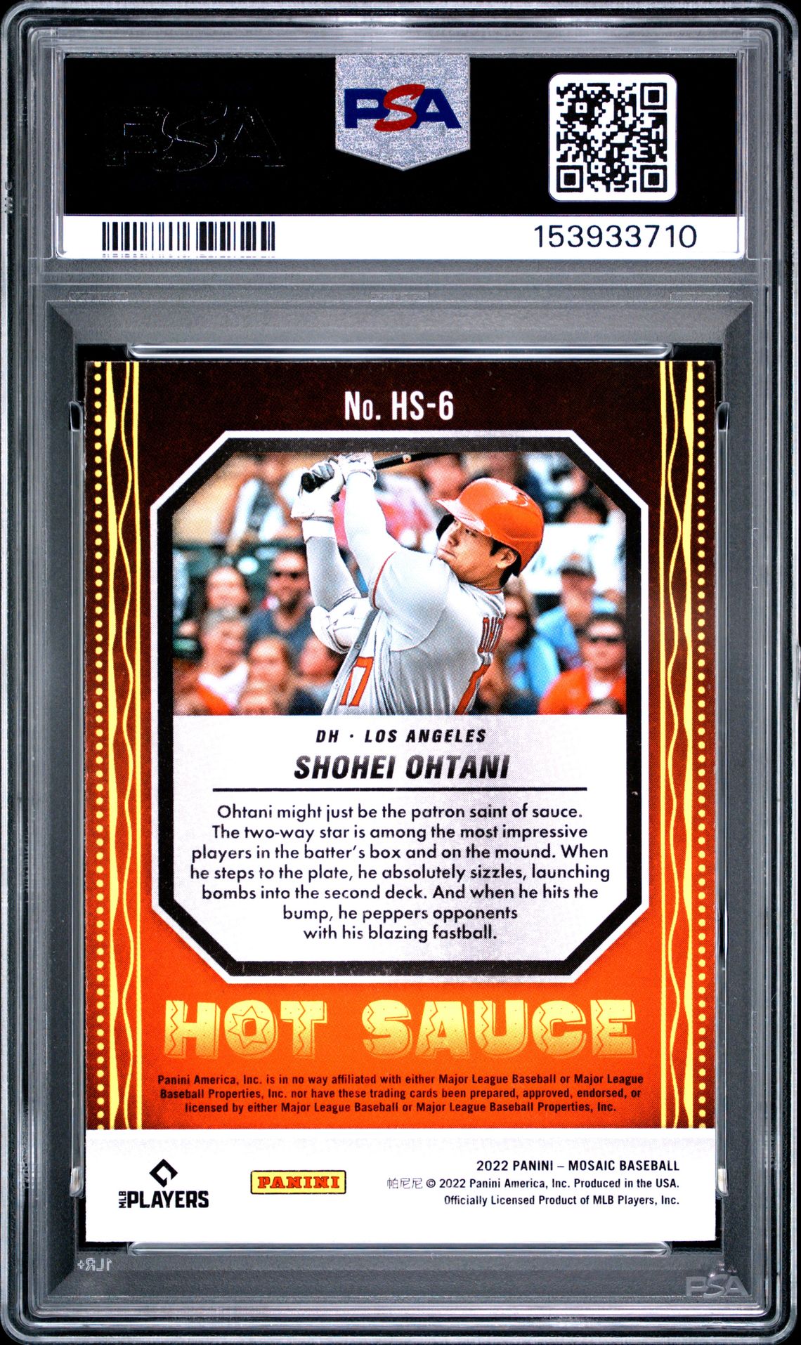 2022 Panini Mosaic Hot Sauce Shohei Ohtani #Hs6 (Hot Sauce) Gem Mt 10 back view - PSA certificate #153933710