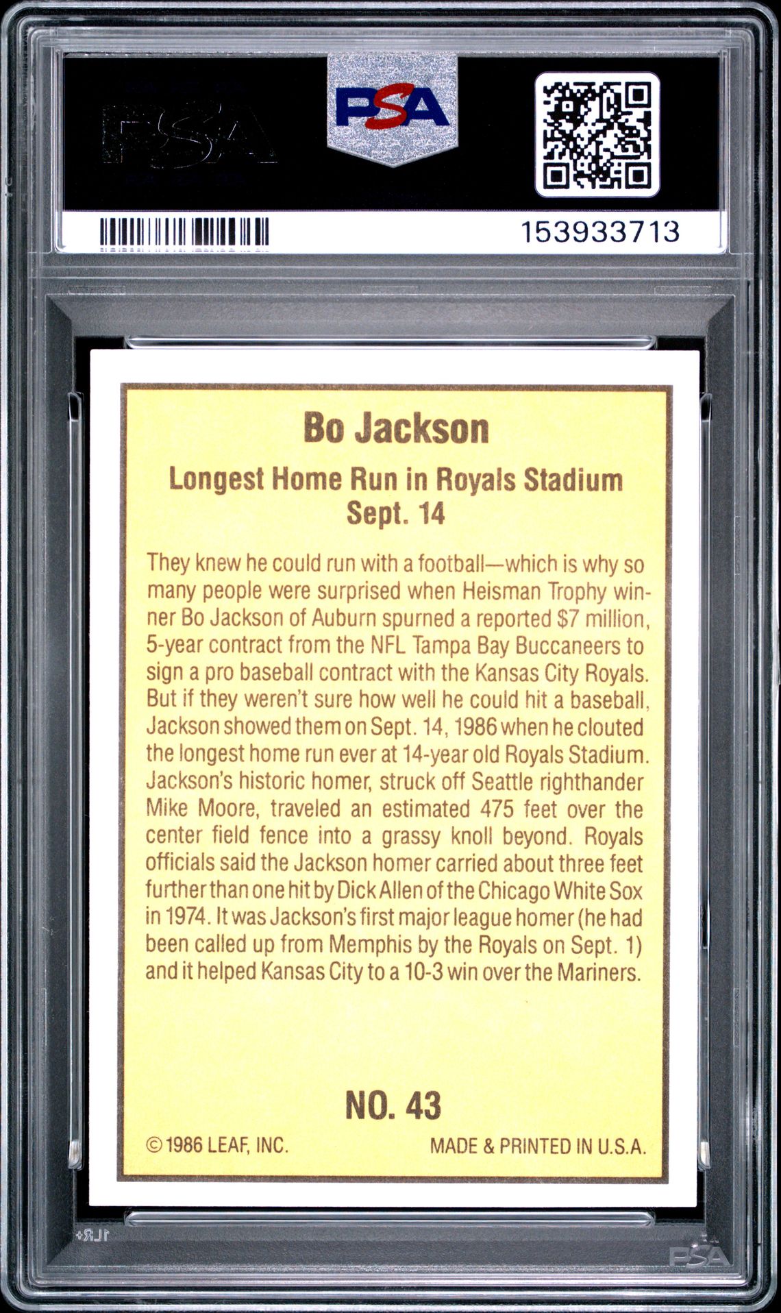 1986 Donruss Highlights Bo Jackson #43 Mint 9 back