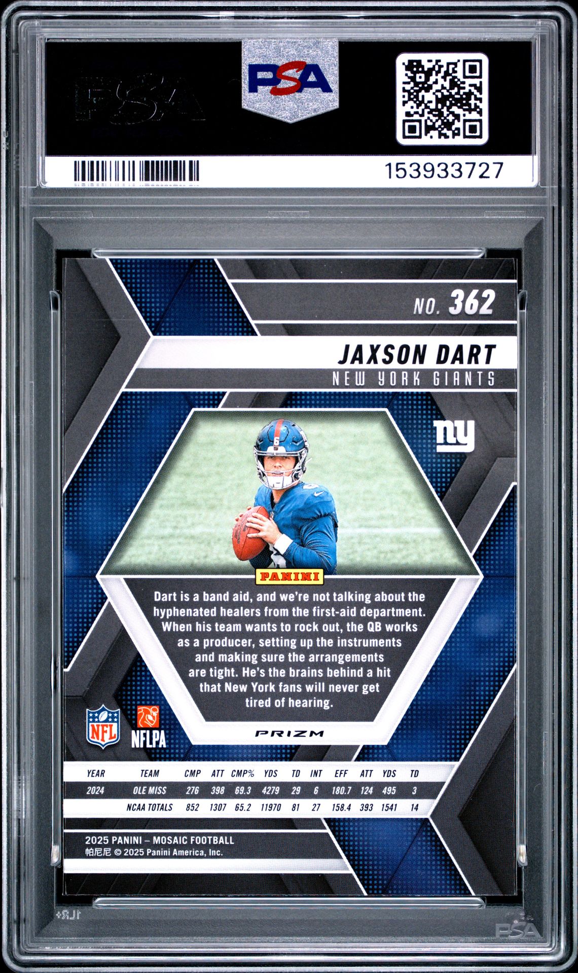 2025 Panini Mosaic Jaxson Dart #362 (Reactive Purple) Mint 9 back
