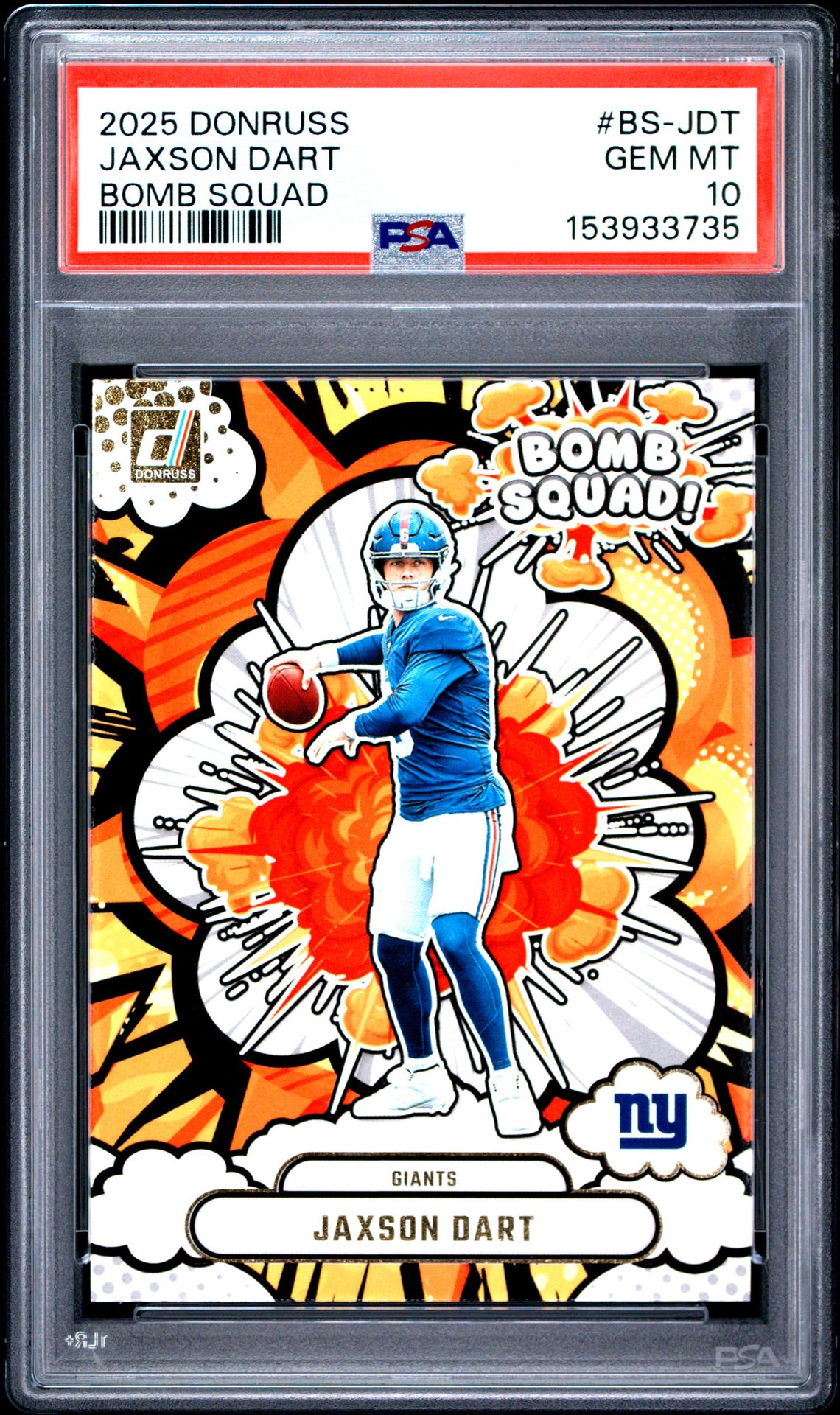 2025 Panini Donruss Bomb Squad Jaxson Dart #Bs-Jdt Gem Mt 10 front view - PSA graded GEM MT 10