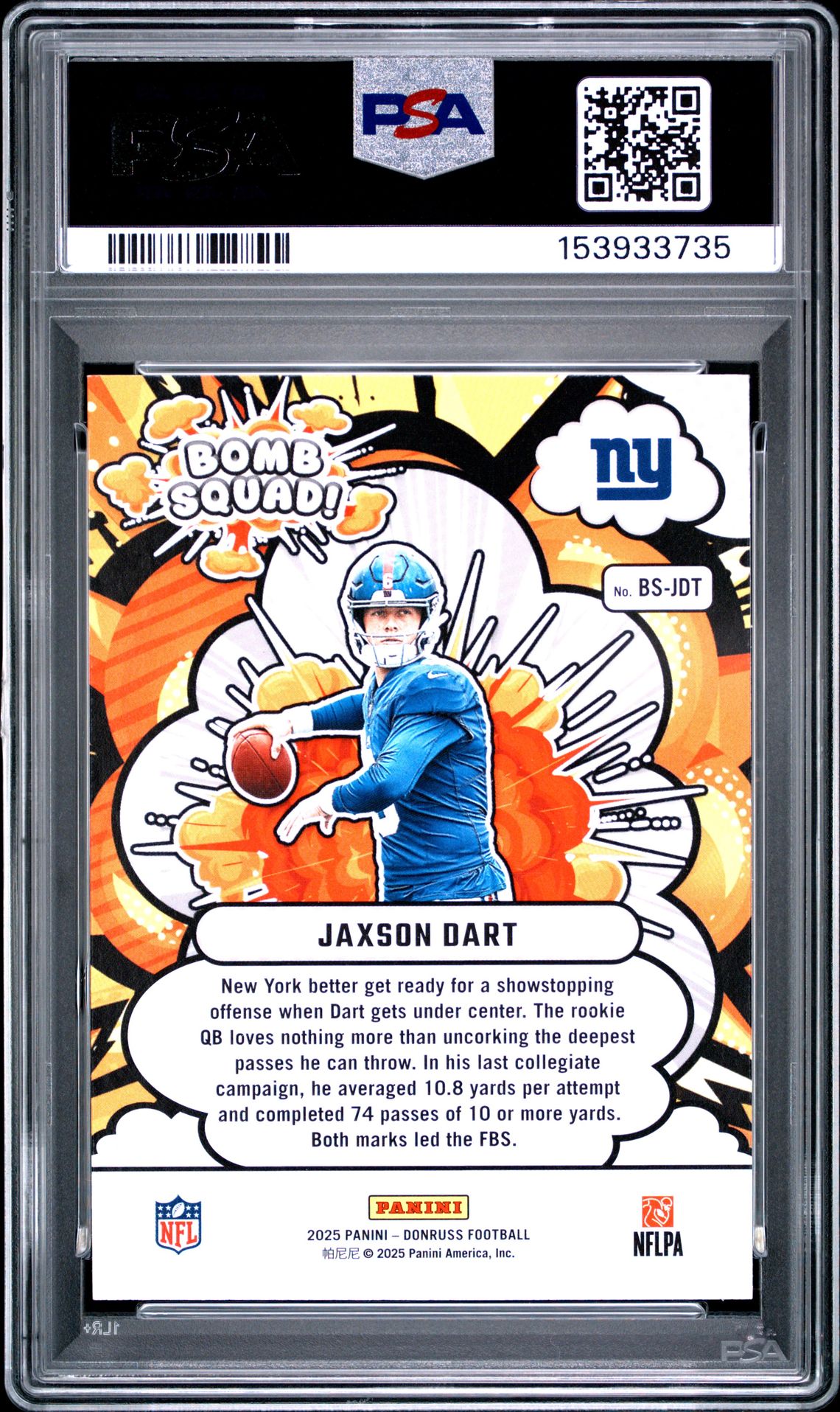 2025 Panini Donruss Bomb Squad Jaxson Dart #Bs-Jdt Gem Mt 10 back view - PSA certificate #153933735