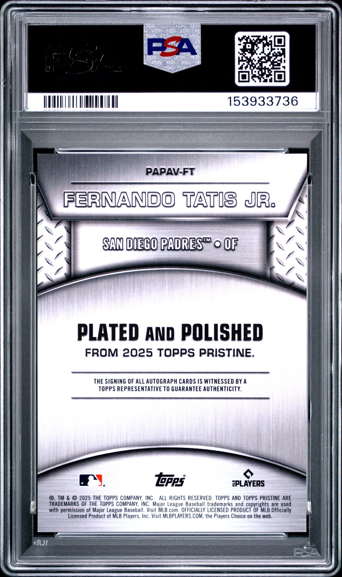 2025 Topps Pristine Plated And Polished Autograph Variation Fernando Tatis Jr. #Ft (Pltd/Plshd Au Var-Orange Rf) Mint 9 back