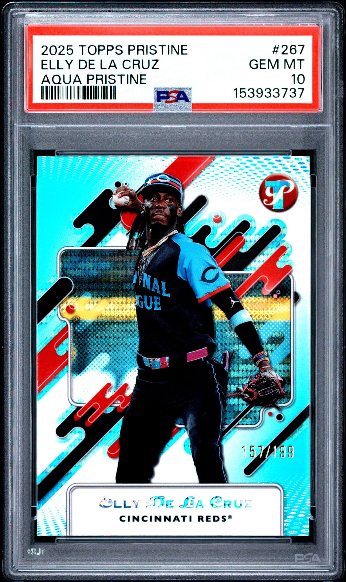2025 Topps Pristine Elly De La Cruz #267 (Aqua Pristine) Gem Mt 10 front view - PSA graded GEM MT 10