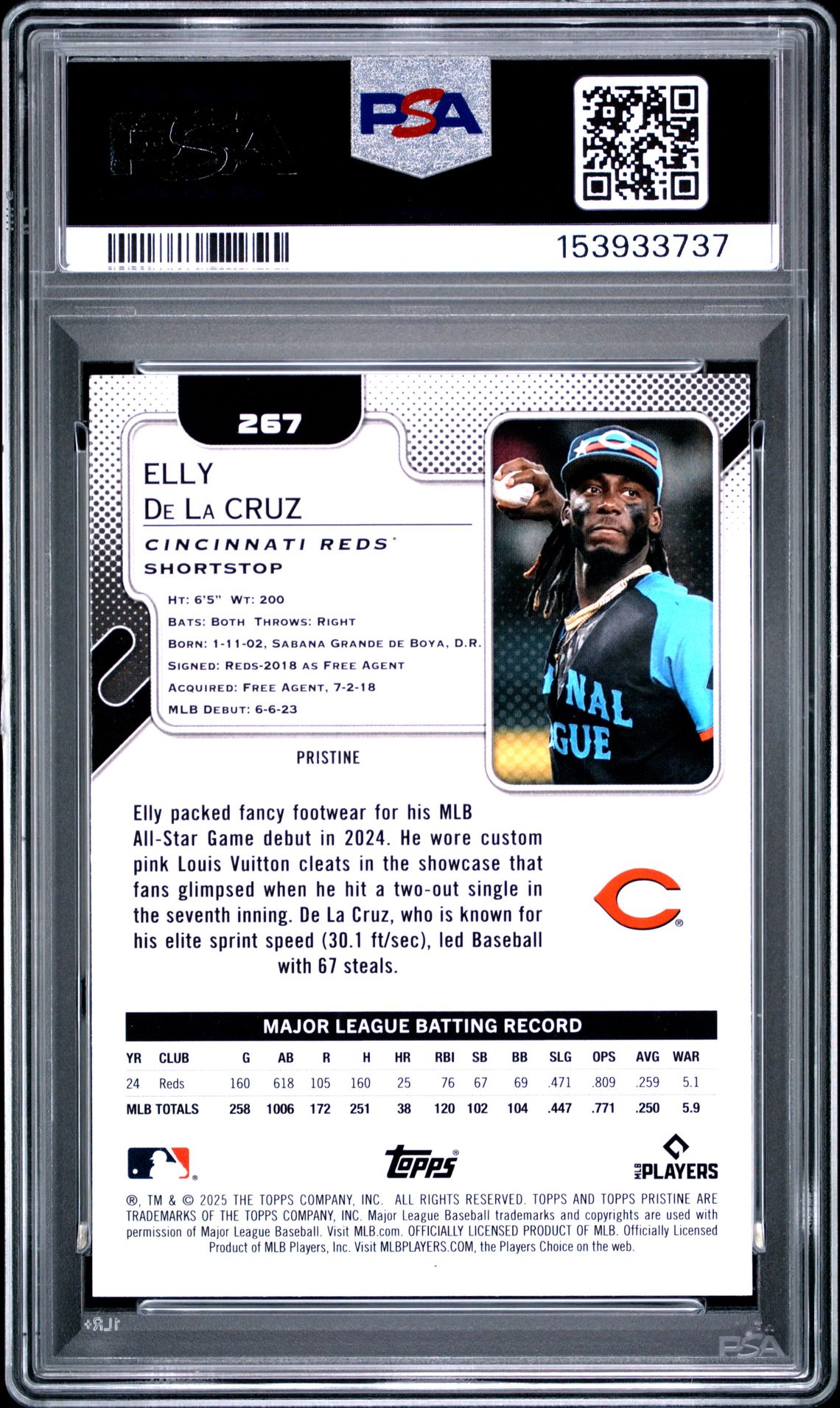 2025 Topps Pristine Elly De La Cruz #267 (Aqua Pristine) Gem Mt 10 back view - PSA certificate #153933737