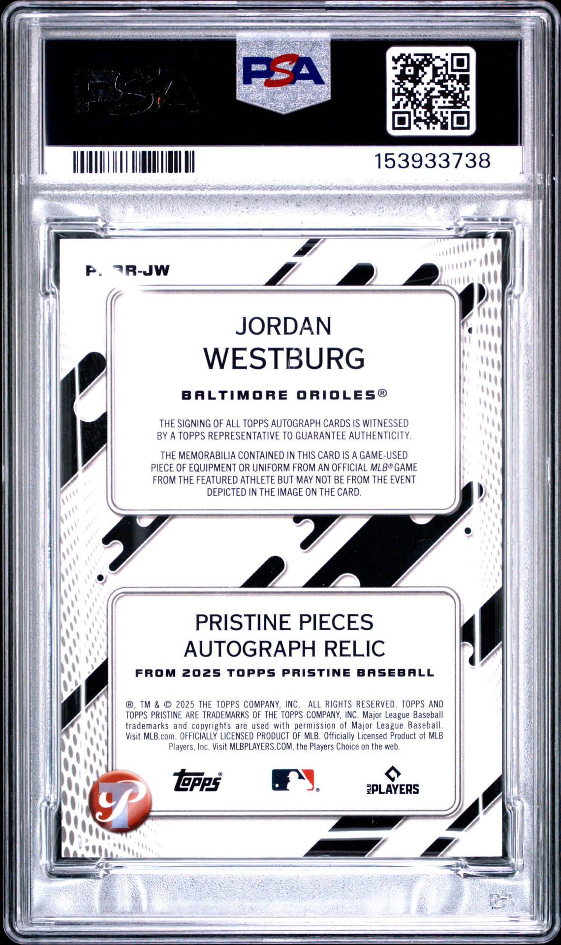 2025 Topps Pristine Pristine Pieces Autograph Relic Jordan Westburg #Jw (Pristine Pieces Auto Relic) Mint 9 back
