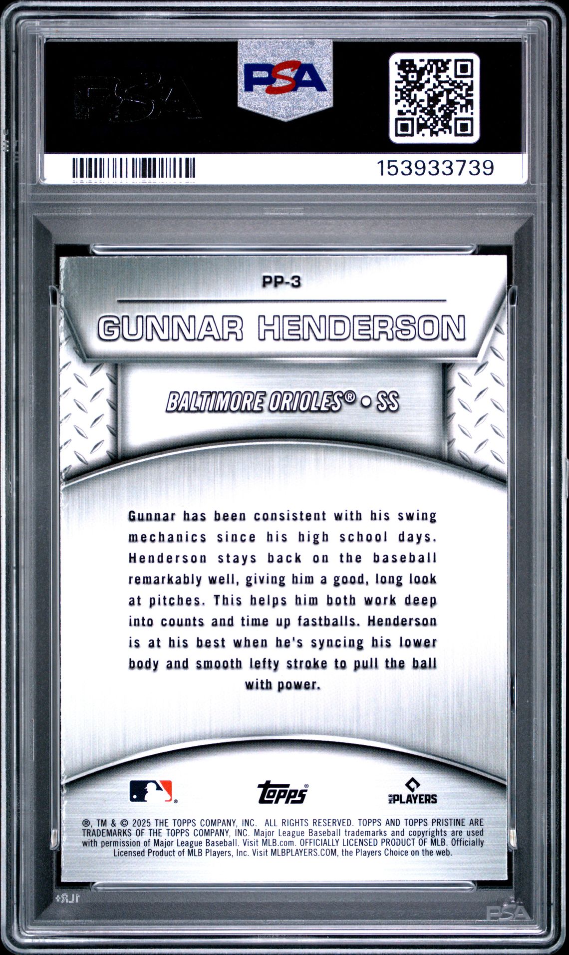 2025 Topps Pristine Plated And Polished Gunnar Henderson #3 (Plated/Polished-Purple Ref) Gem Mt 10 back view - PSA certificate #153933739