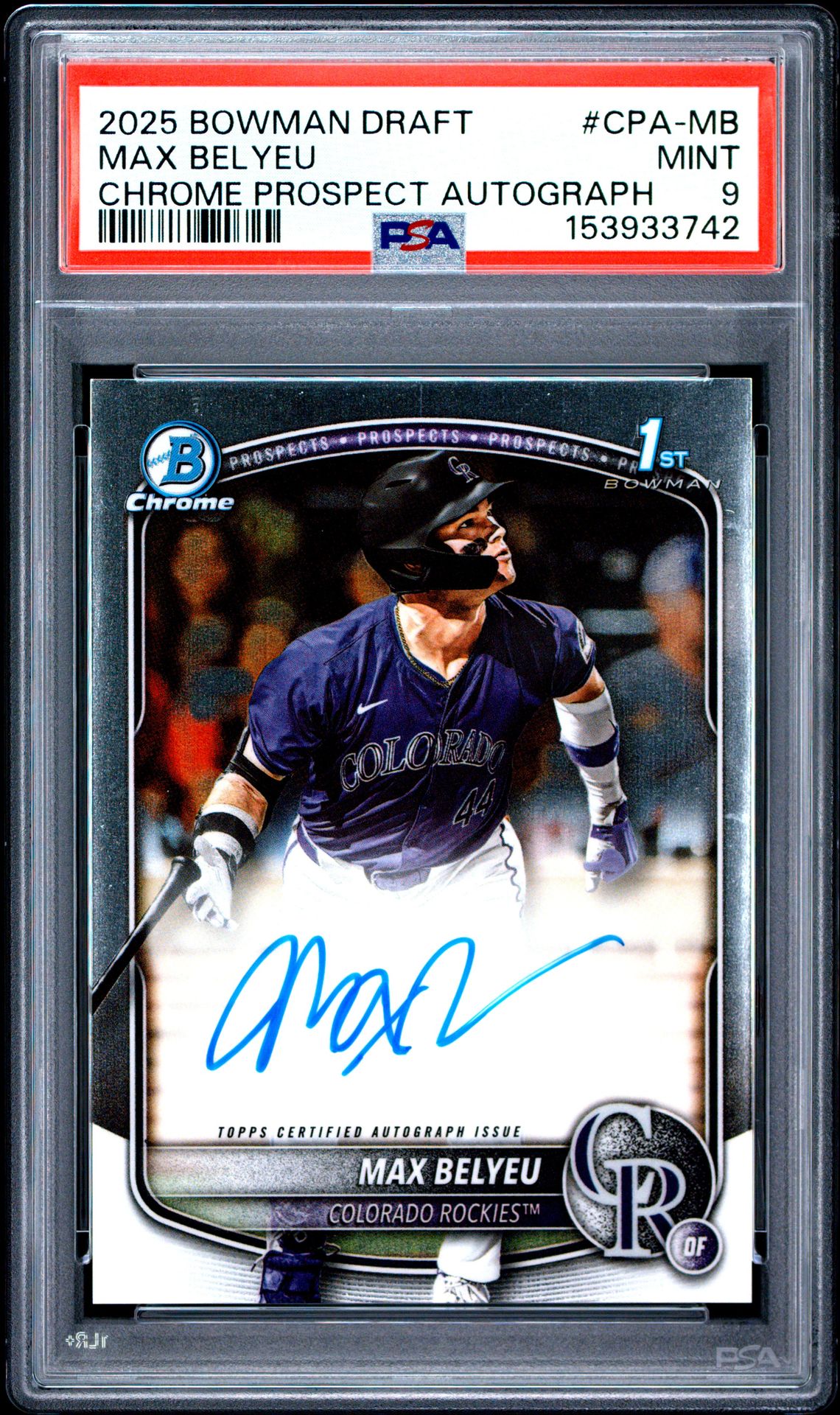 2025 Bowman Draft Chrome Prospect Autographs Max Belyeu #Cpa-Mb Mint 9 front